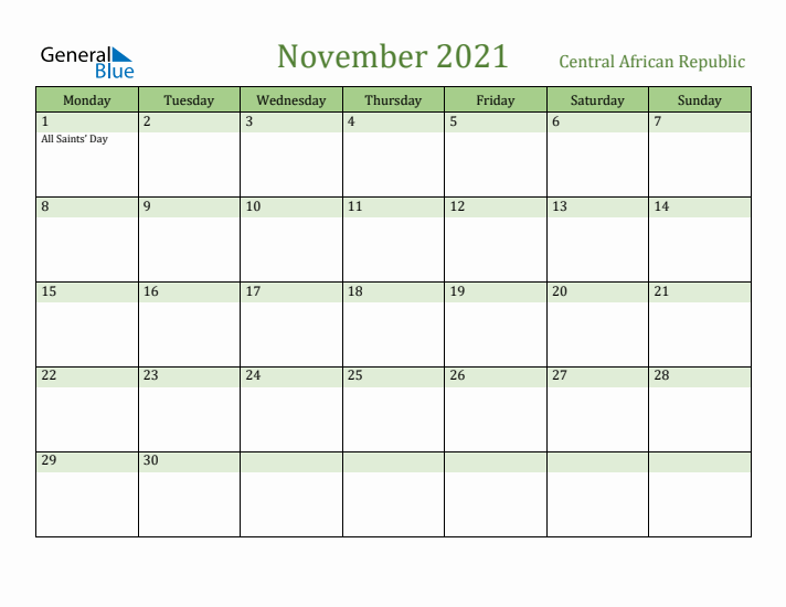 November 2021 Calendar with Central African Republic Holidays