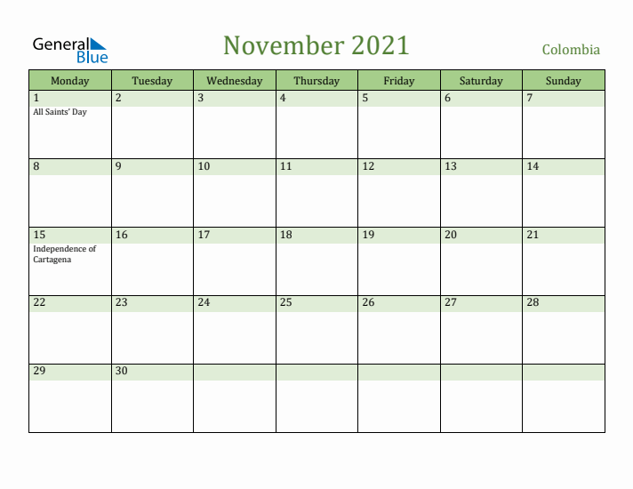 November 2021 Calendar with Colombia Holidays