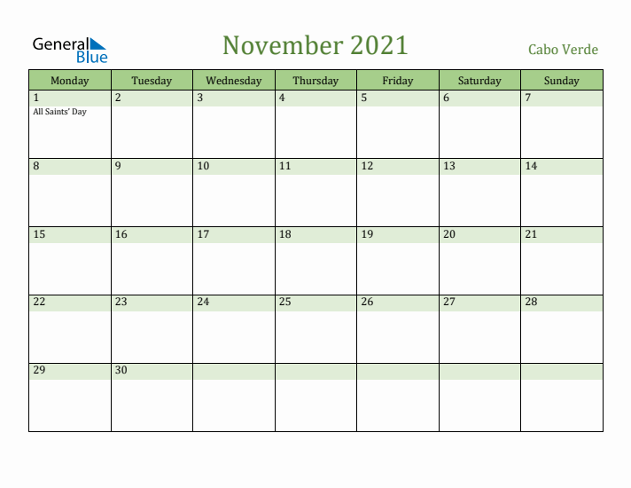 November 2021 Calendar with Cabo Verde Holidays