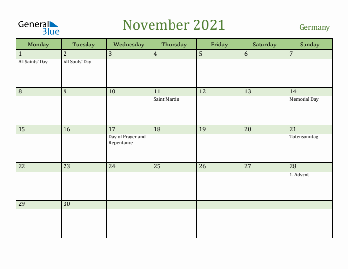 November 2021 Calendar with Germany Holidays