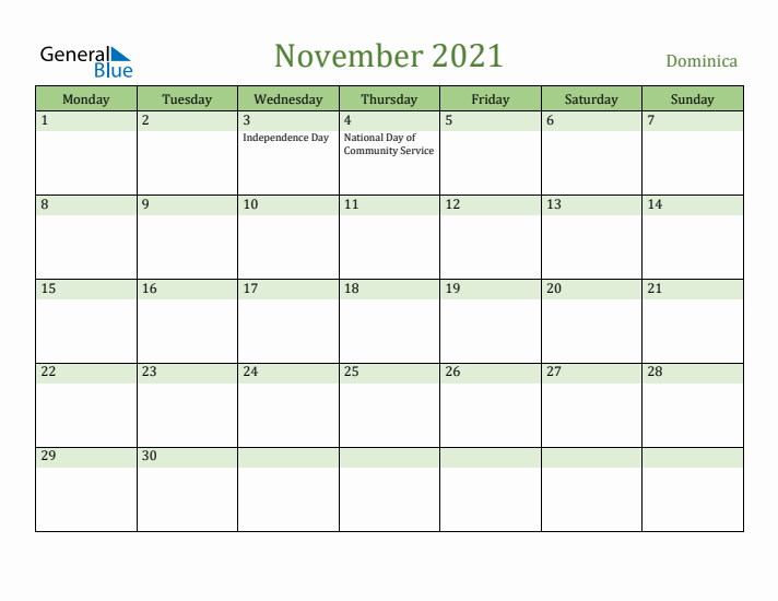 November 2021 Calendar with Dominica Holidays