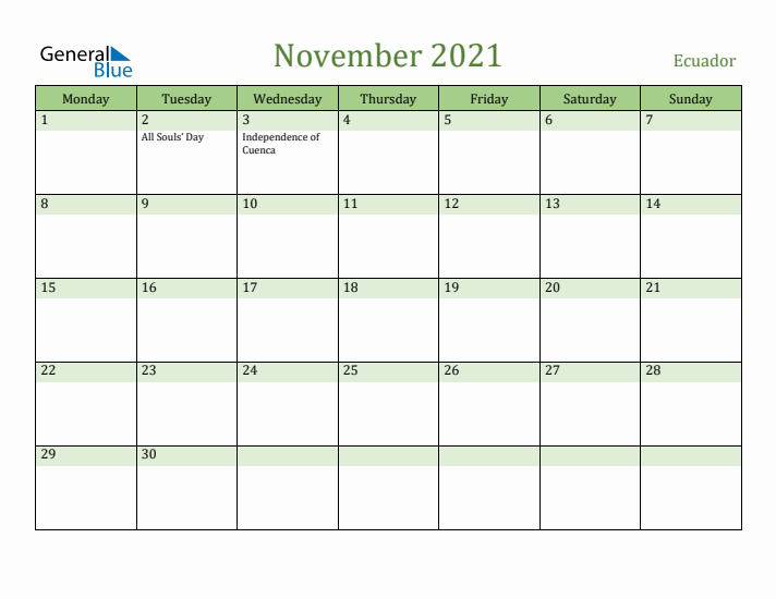 November 2021 Calendar with Ecuador Holidays