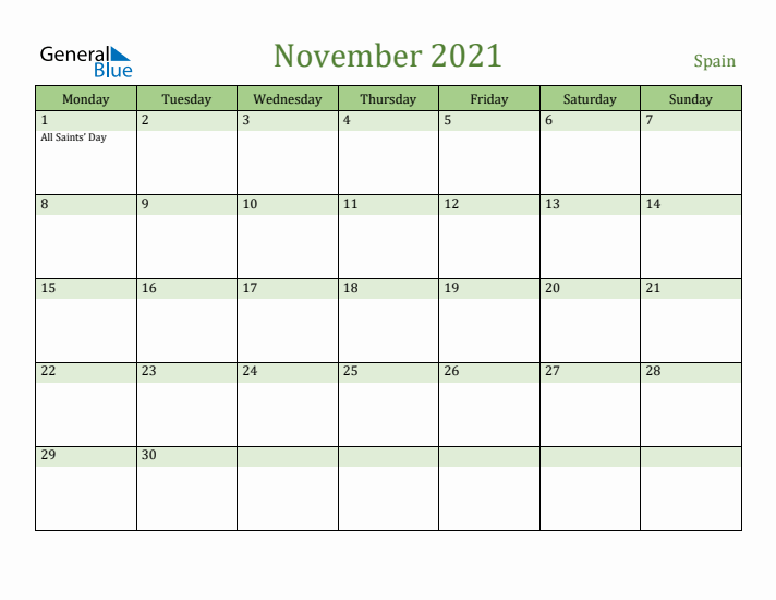 November 2021 Calendar with Spain Holidays