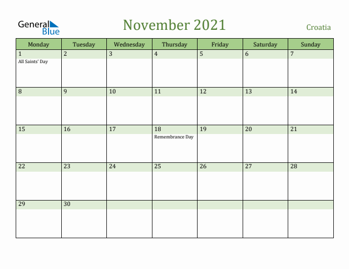 November 2021 Calendar with Croatia Holidays