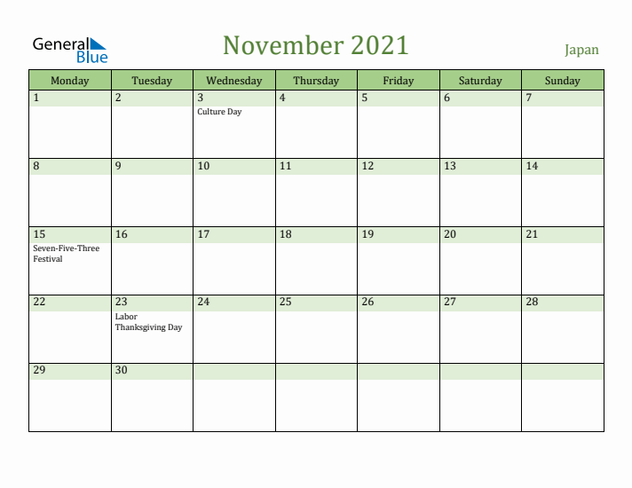 November 2021 Calendar with Japan Holidays