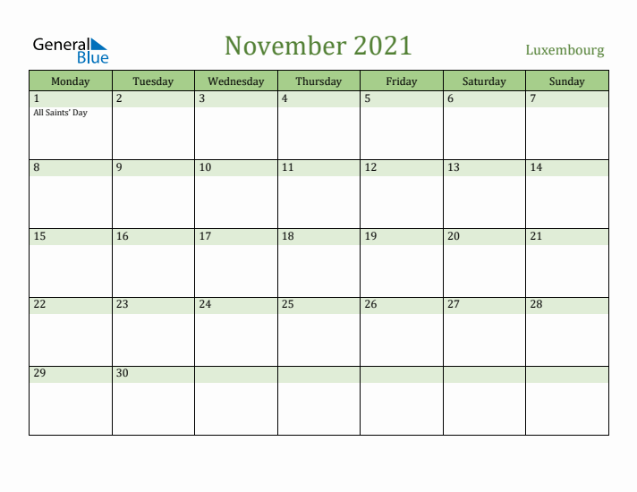 November 2021 Calendar with Luxembourg Holidays