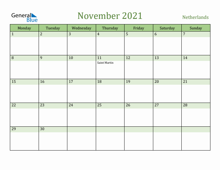 November 2021 Calendar with The Netherlands Holidays