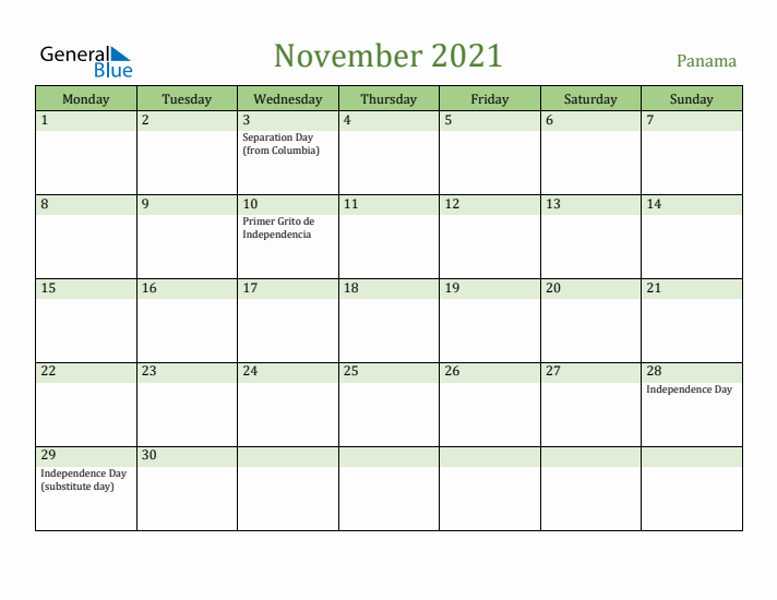 November 2021 Calendar with Panama Holidays