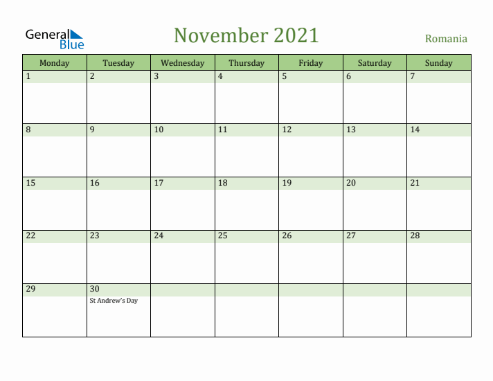 November 2021 Calendar with Romania Holidays