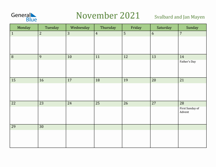 November 2021 Calendar with Svalbard and Jan Mayen Holidays