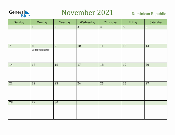 November 2021 Calendar with Dominican Republic Holidays