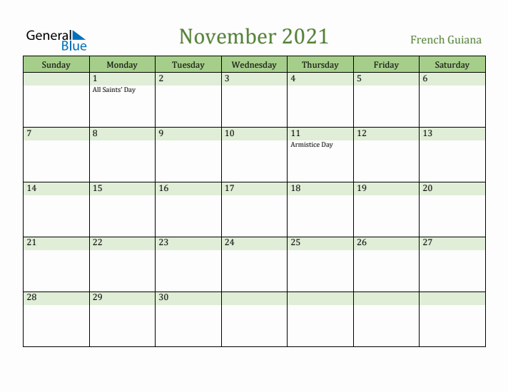 November 2021 Calendar with French Guiana Holidays