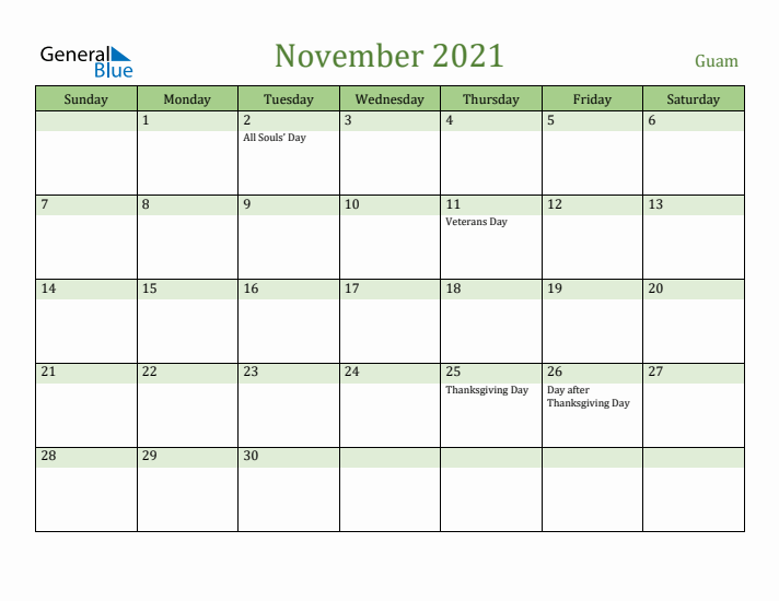 November 2021 Calendar with Guam Holidays