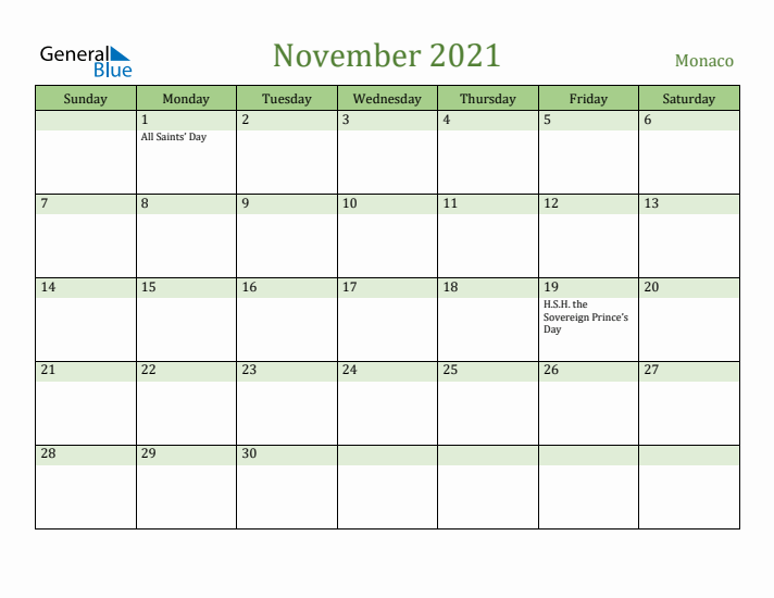 November 2021 Calendar with Monaco Holidays