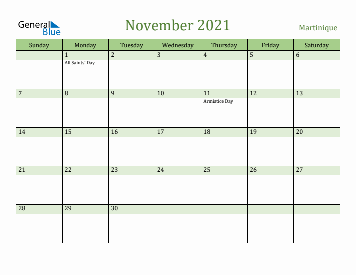 November 2021 Calendar with Martinique Holidays