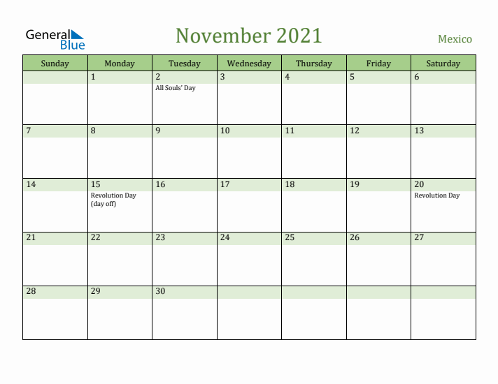 November 2021 Calendar with Mexico Holidays