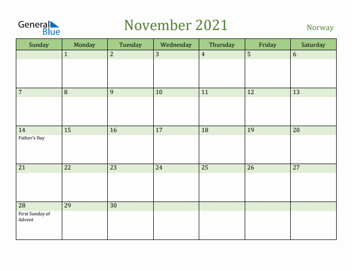 November 2021 Calendar with Norway Holidays