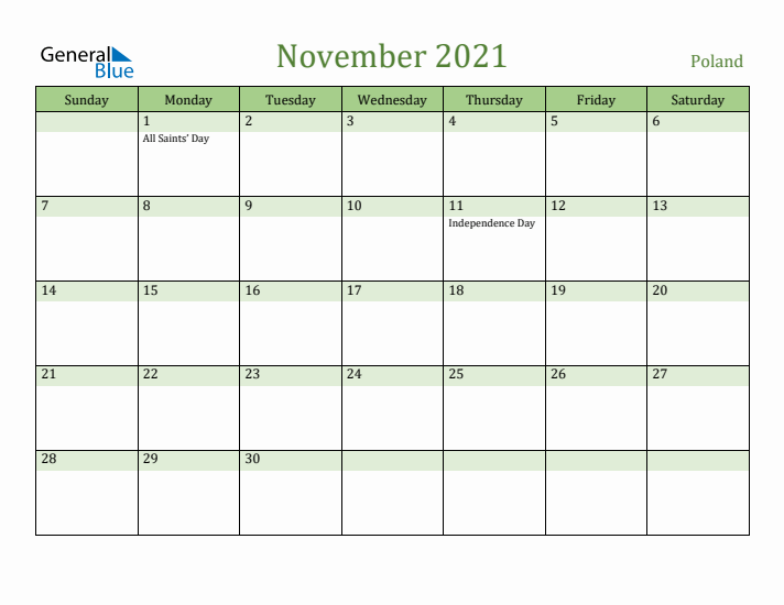 November 2021 Calendar with Poland Holidays