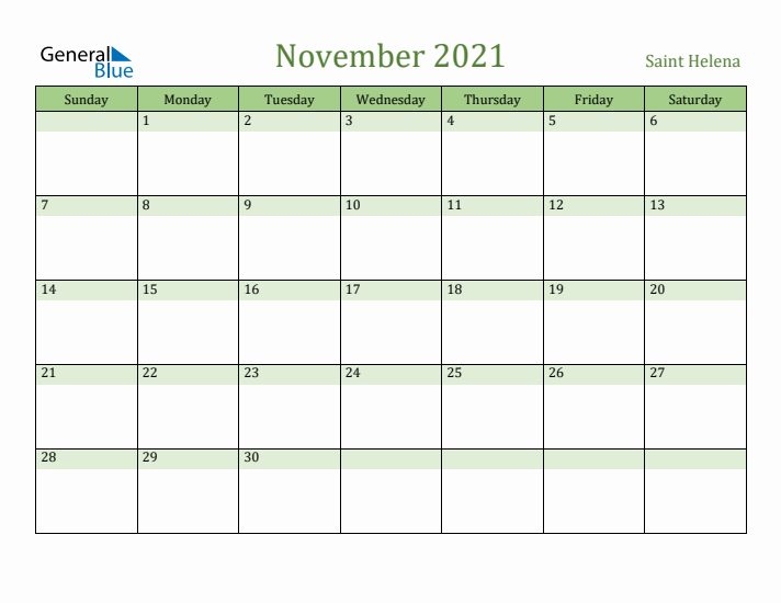 November 2021 Calendar with Saint Helena Holidays