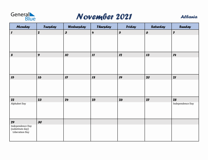 November 2021 Calendar with Holidays in Albania