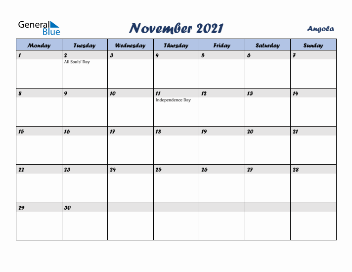 November 2021 Calendar with Holidays in Angola