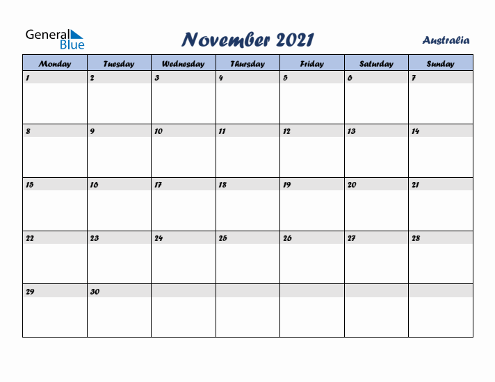 November 2021 Calendar with Holidays in Australia