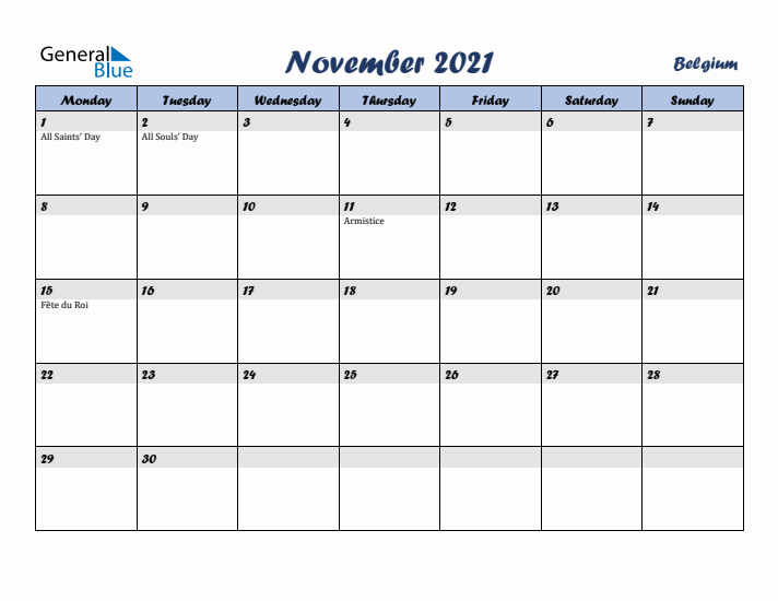 November 2021 Calendar with Holidays in Belgium