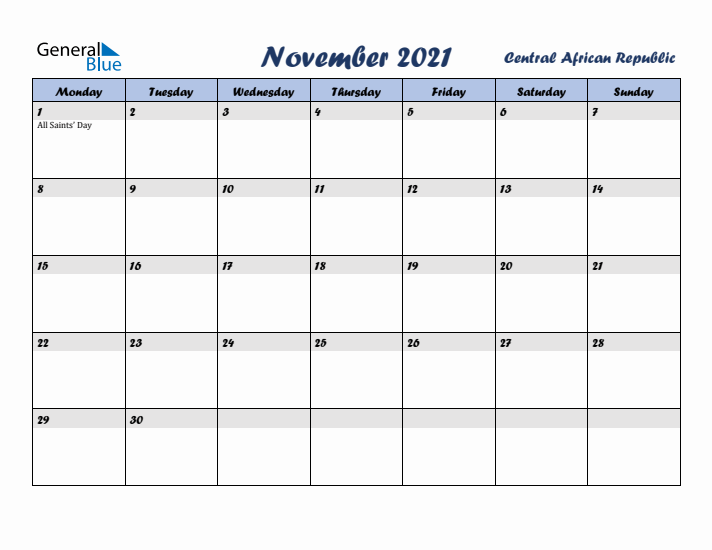 November 2021 Calendar with Holidays in Central African Republic