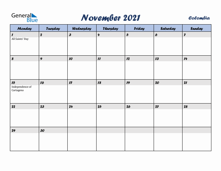 November 2021 Calendar with Holidays in Colombia