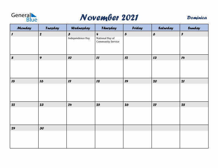 November 2021 Calendar with Holidays in Dominica