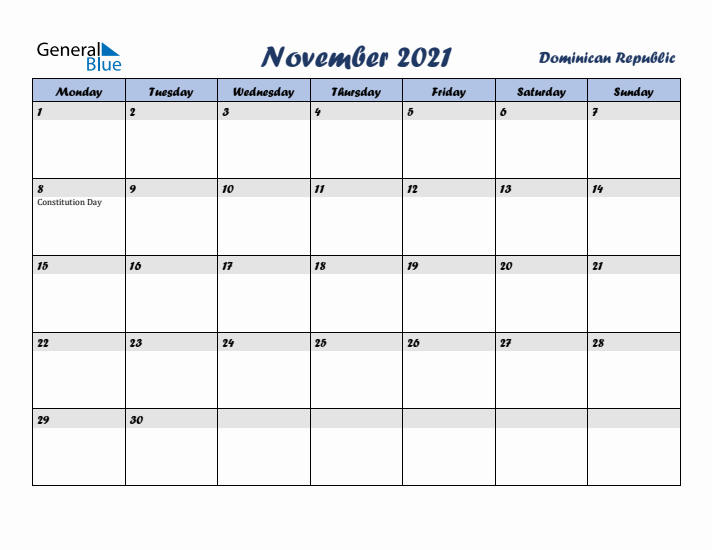 November 2021 Calendar with Holidays in Dominican Republic