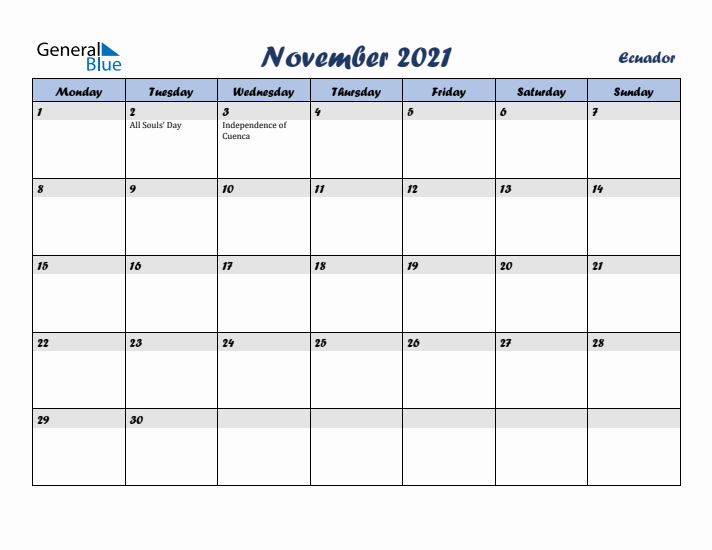 November 2021 Calendar with Holidays in Ecuador