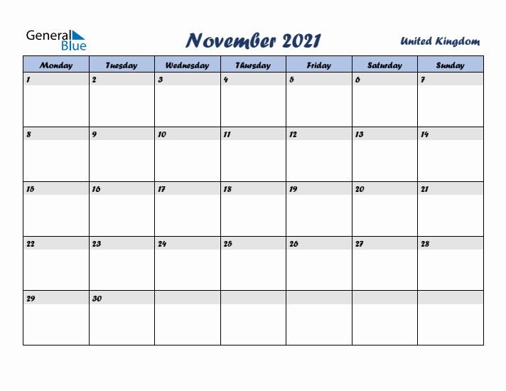 November 2021 Calendar with Holidays in United Kingdom