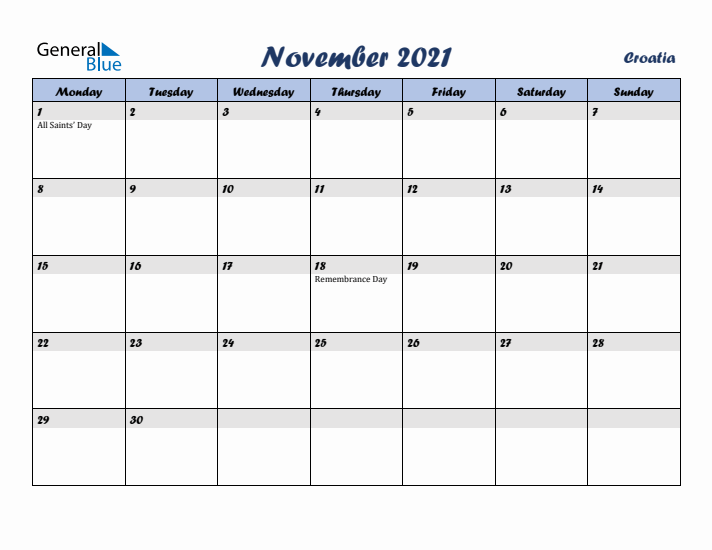 November 2021 Calendar with Holidays in Croatia