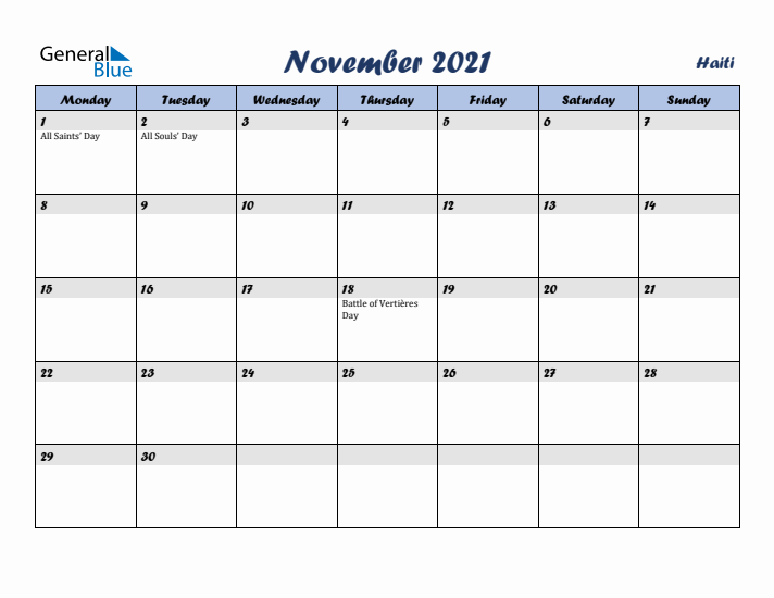 November 2021 Calendar with Holidays in Haiti