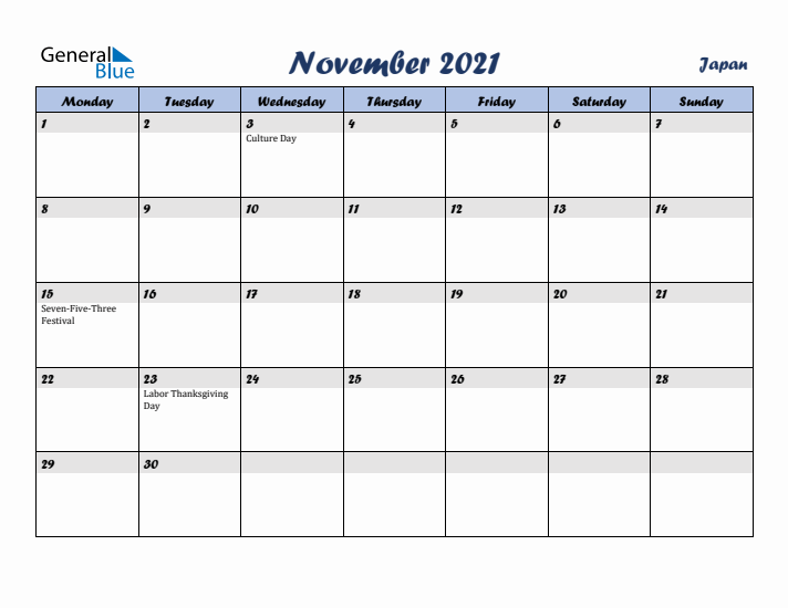 November 2021 Calendar with Holidays in Japan