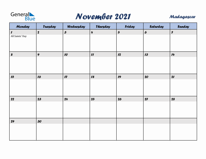 November 2021 Calendar with Holidays in Madagascar