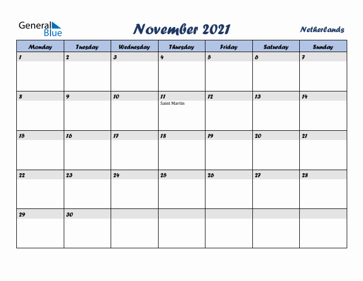 November 2021 Calendar with Holidays in The Netherlands