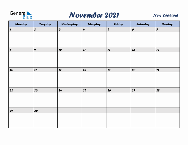 November 2021 Calendar with Holidays in New Zealand