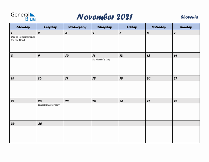 November 2021 Calendar with Holidays in Slovenia