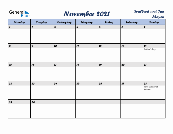 November 2021 Calendar with Holidays in Svalbard and Jan Mayen