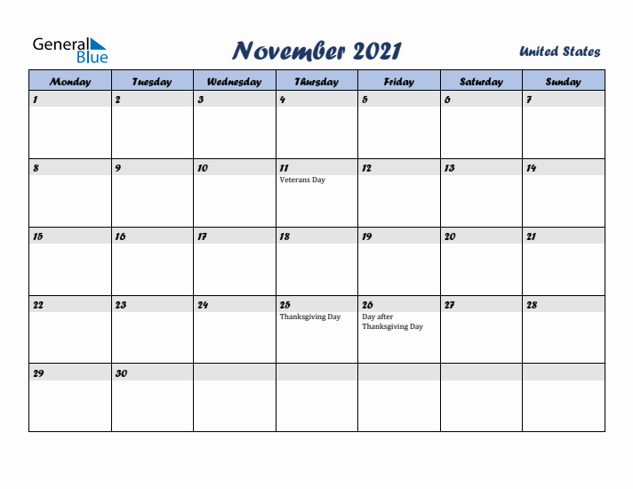 November 2021 Calendar with Holidays in United States