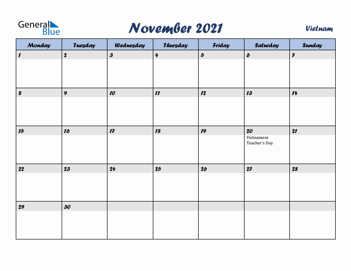 November 2021 Calendar with Holidays in Vietnam