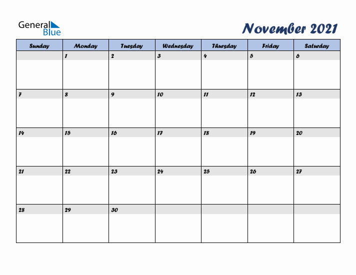 November 2021 Blue Calendar (Sunday Start)