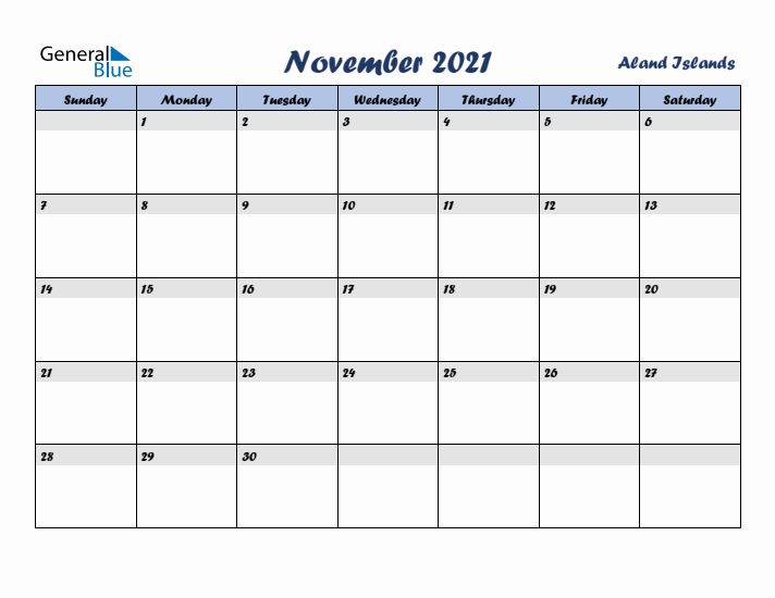 November 2021 Calendar with Holidays in Aland Islands