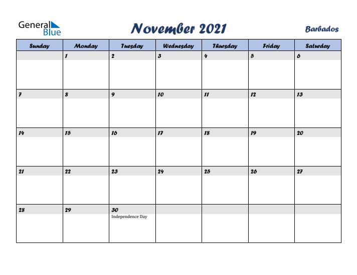 November 2021 Calendar with Holidays in Barbados