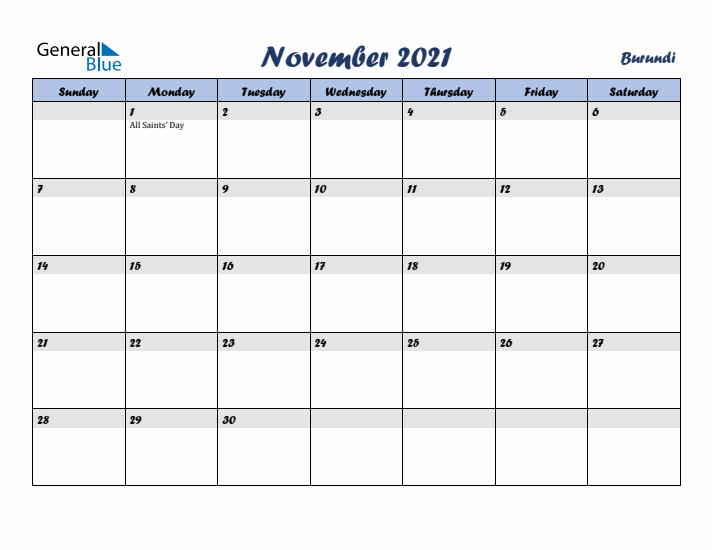 November 2021 Calendar with Holidays in Burundi