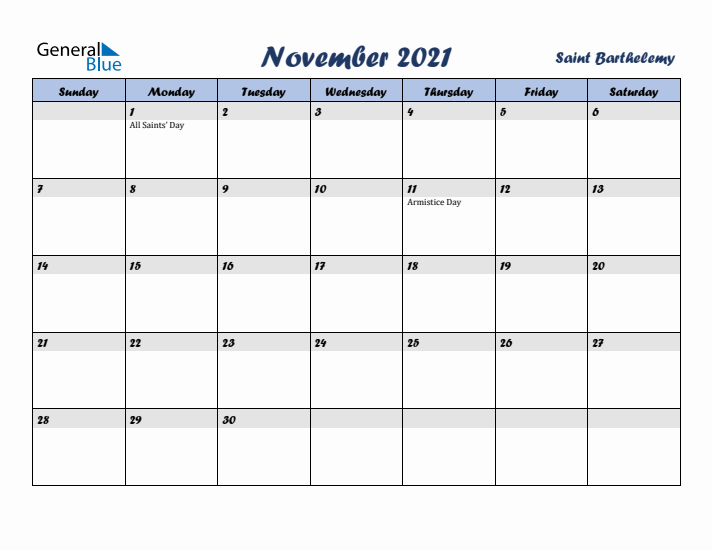 November 2021 Calendar with Holidays in Saint Barthelemy