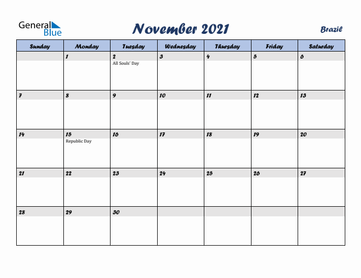 November 2021 Calendar with Holidays in Brazil