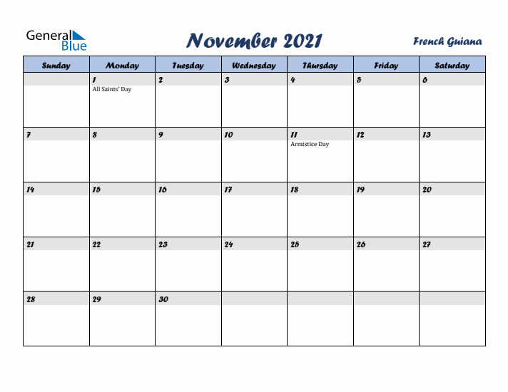 November 2021 Calendar with Holidays in French Guiana